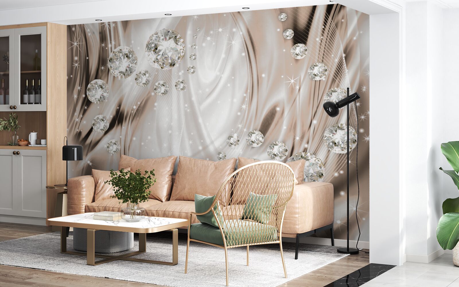 Fotobehang bruine zijde versierd met edelstenen