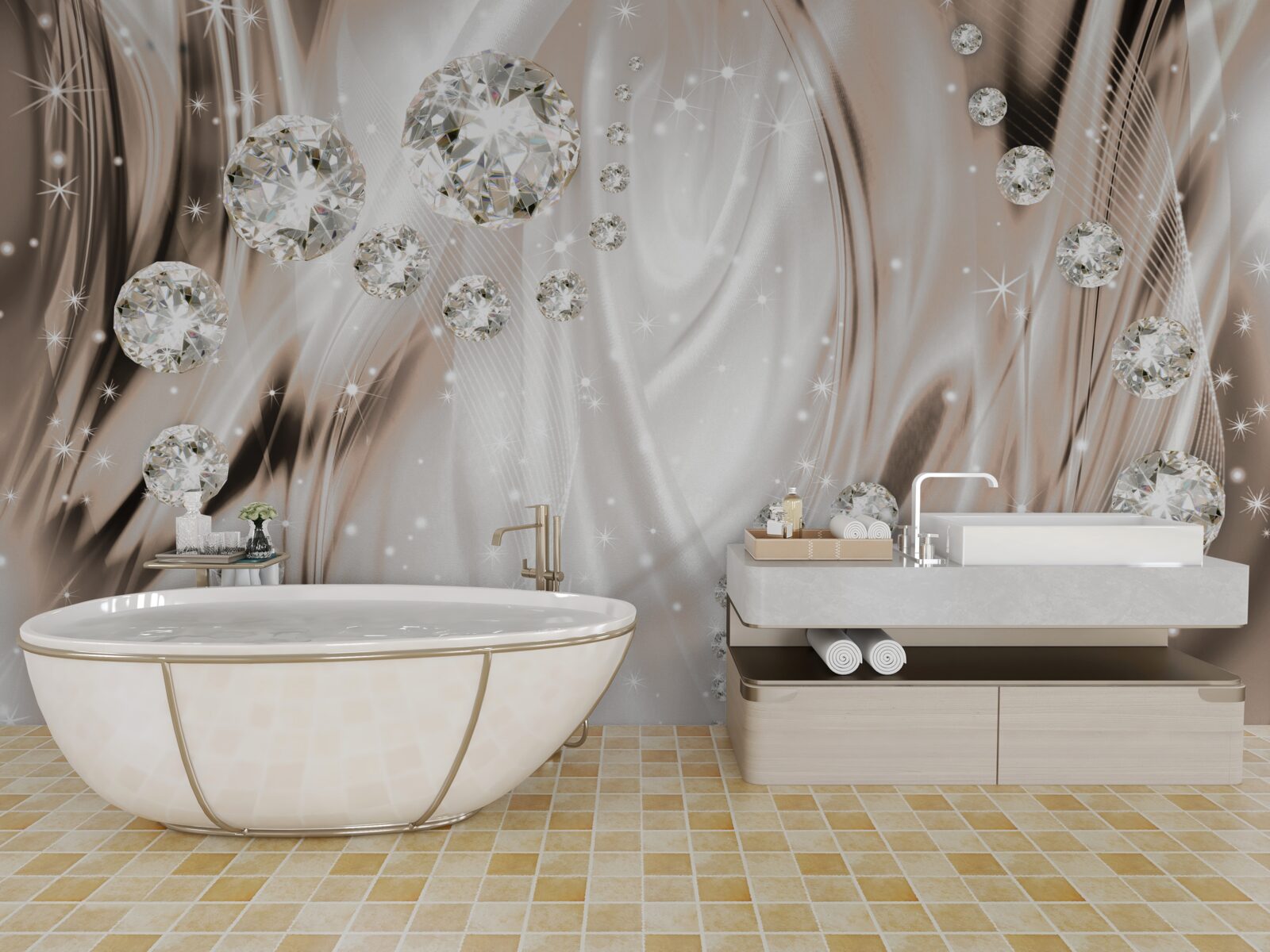 Fotobehang bruine zijde versierd met edelstenen