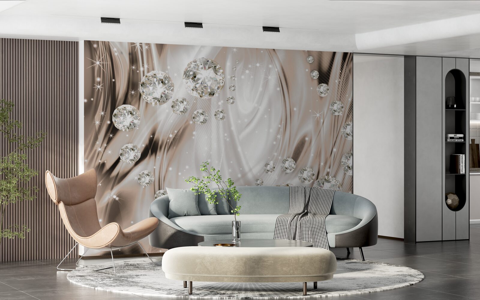 Fotobehang bruine zijde versierd met edelstenen