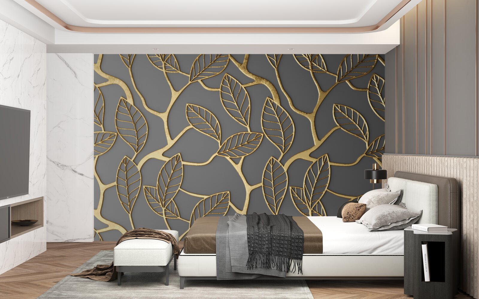 Fotobehang bruine textuur van takken en bladeren