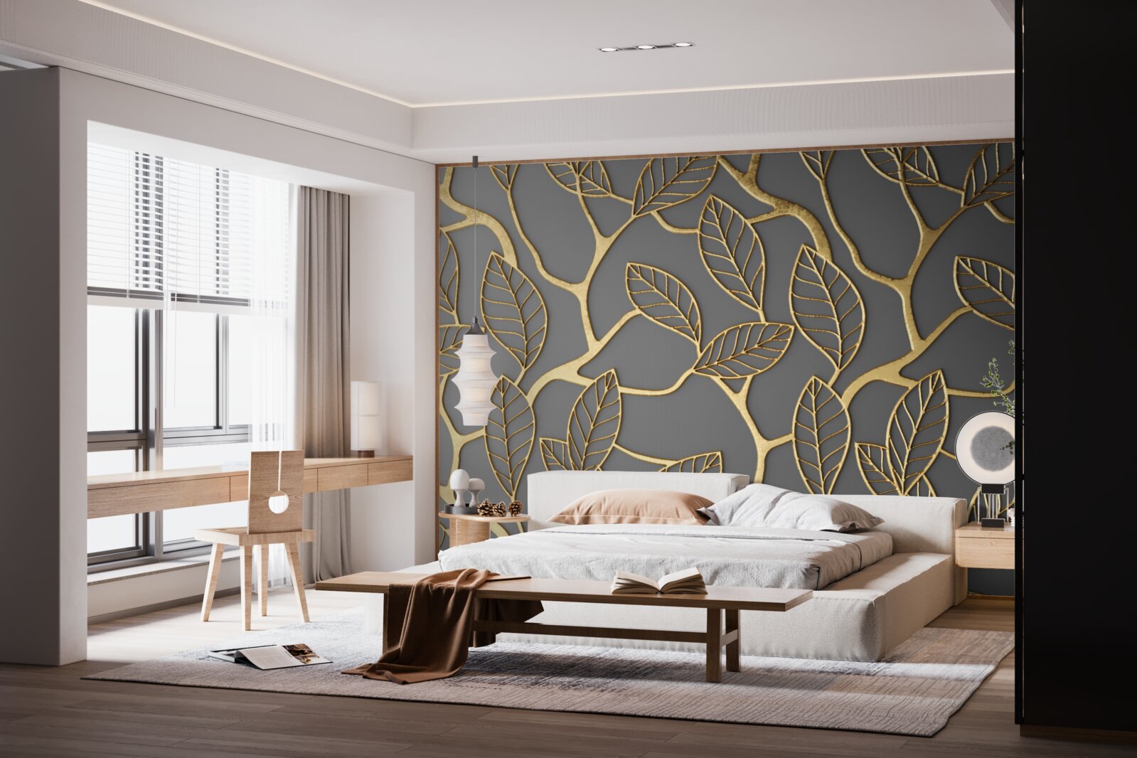 Fotobehang bruine textuur van takken en bladeren