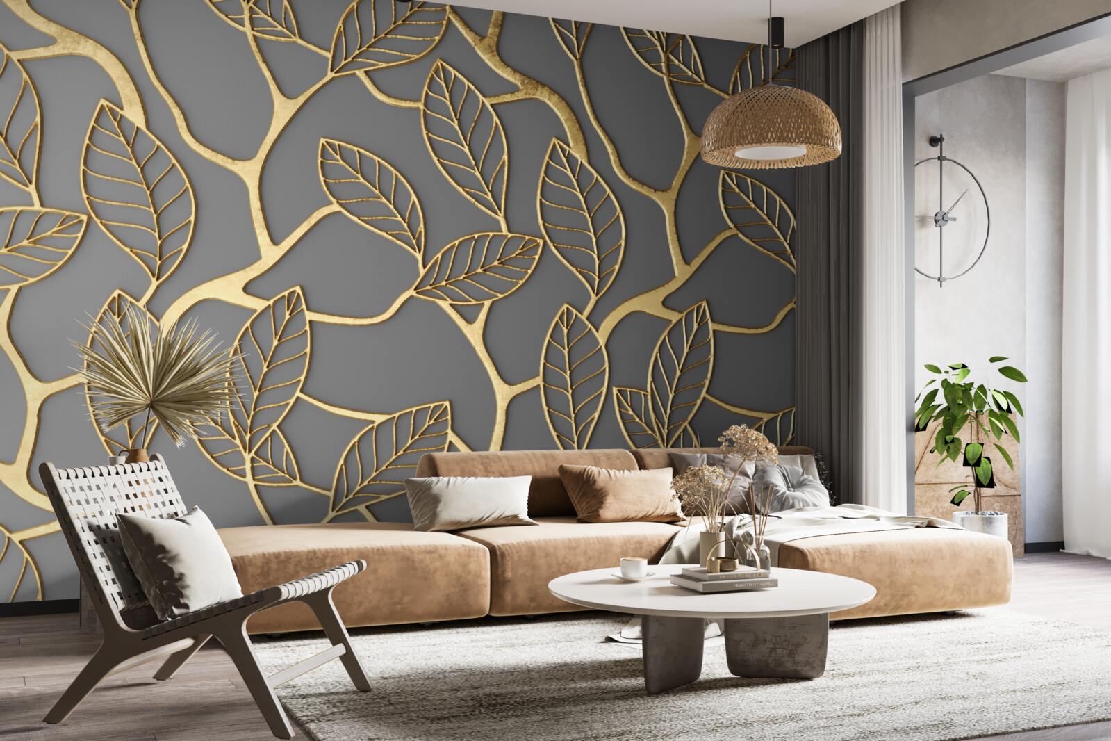 Fotobehang bruine textuur van takken en bladeren