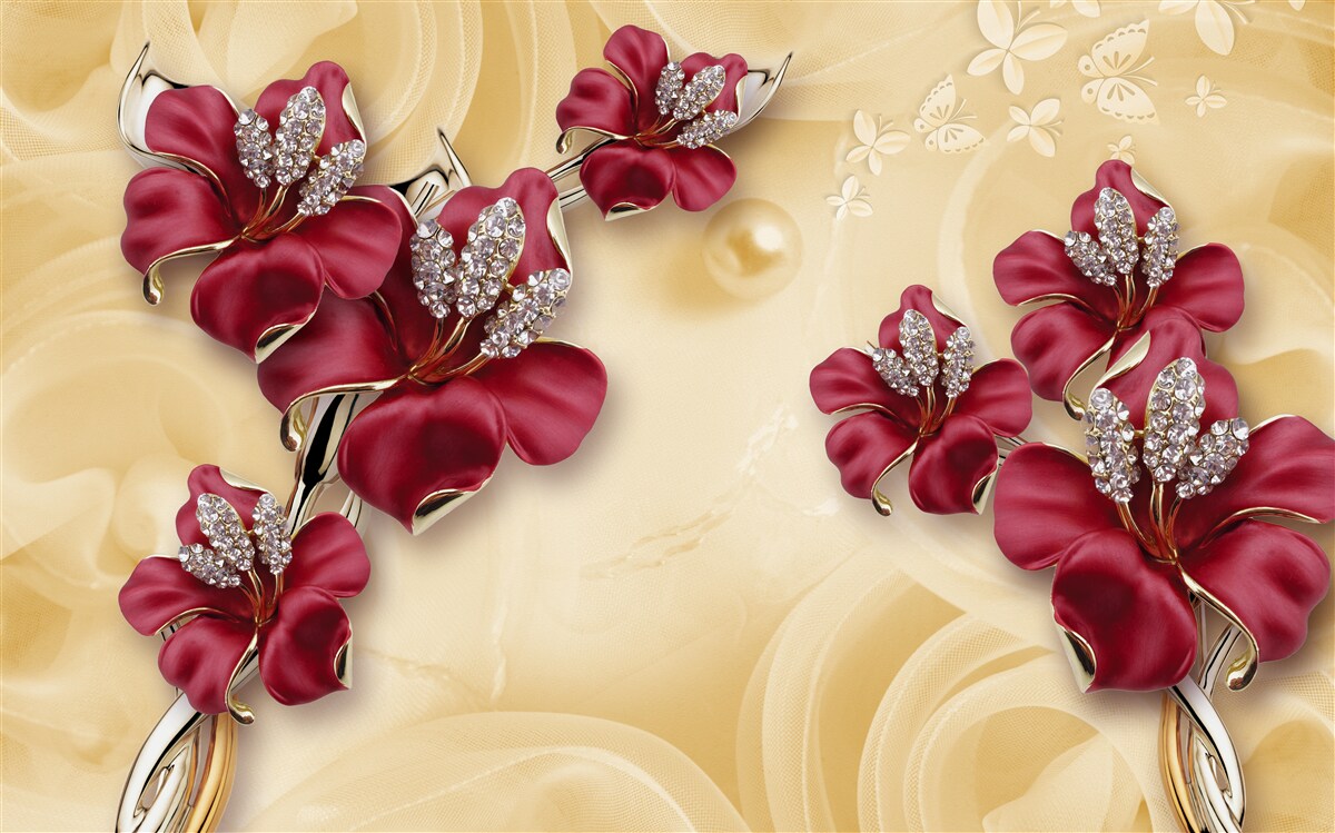 Fotobehang rode lelie, versierd met kristallen en goud