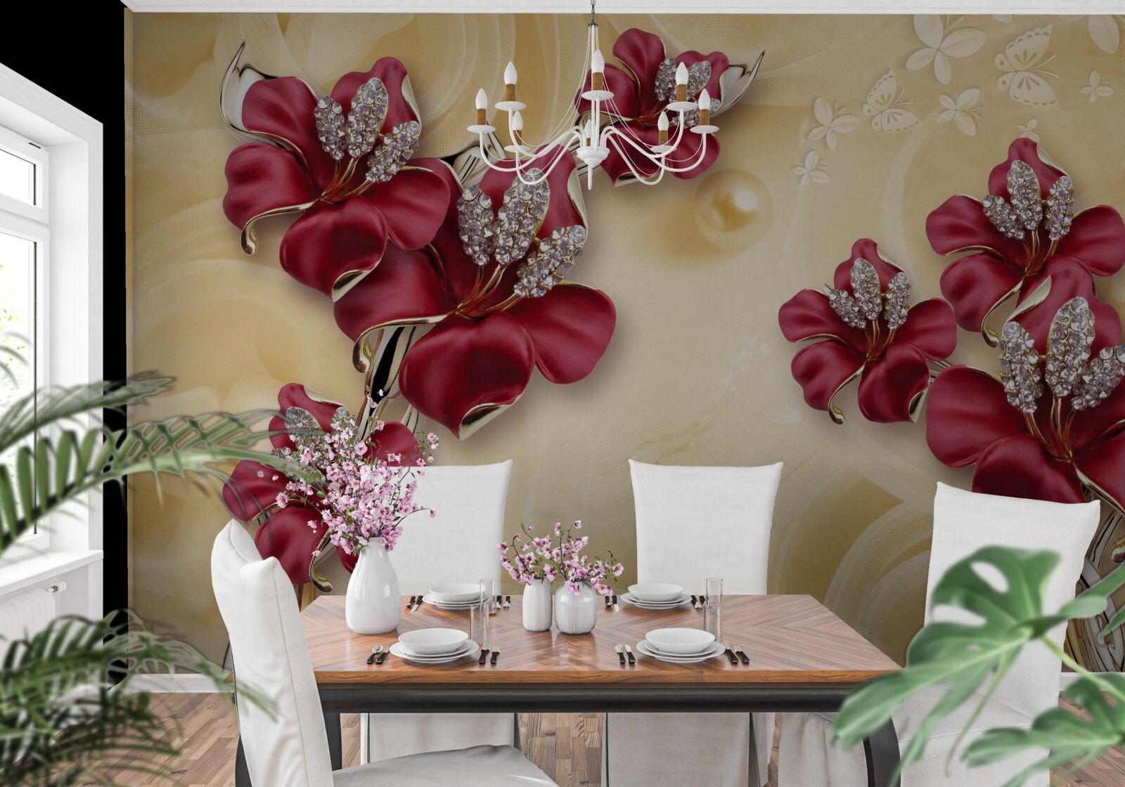 Fotobehang rode lelie, versierd met kristallen en goud