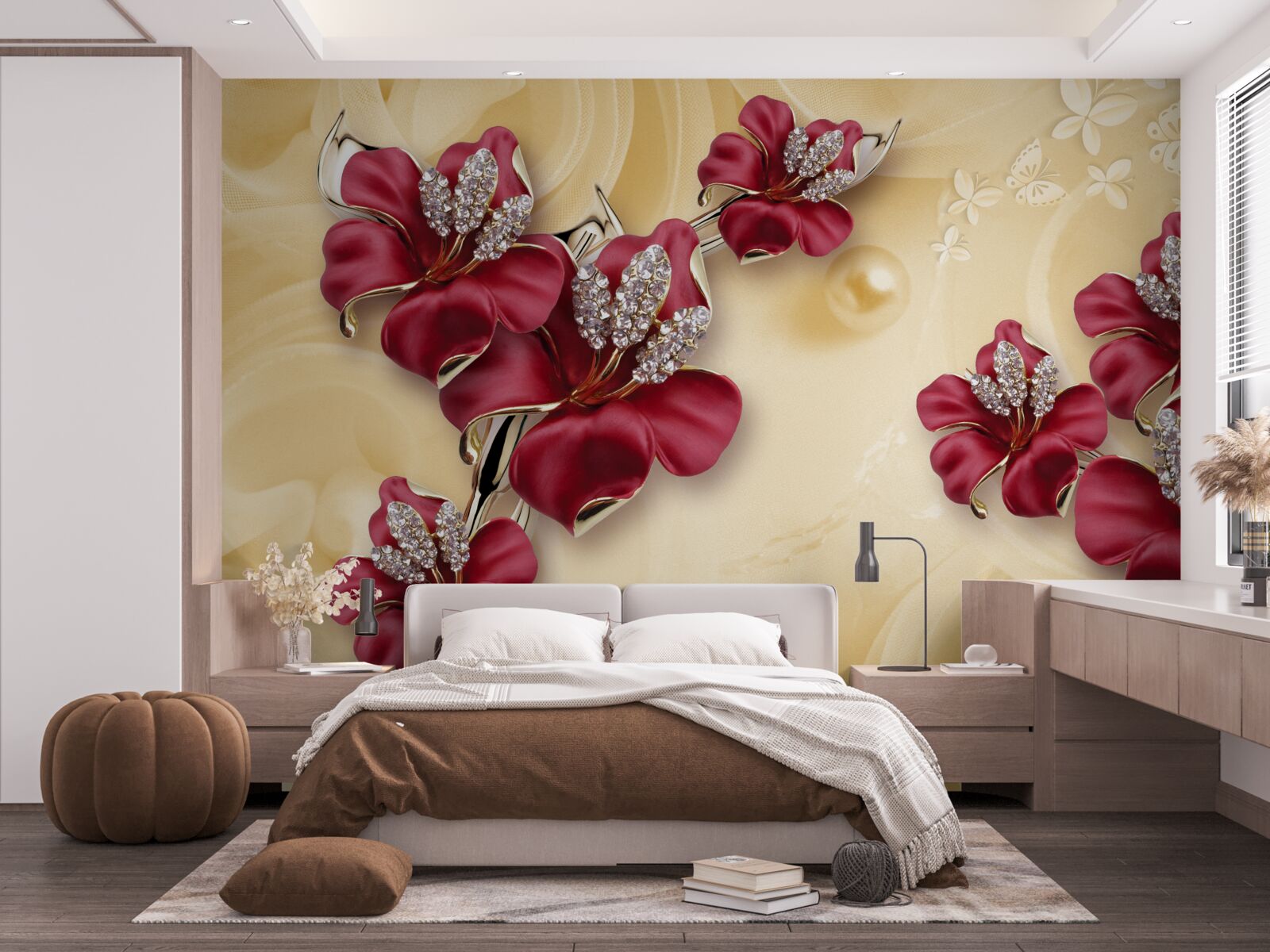 Fotobehang rode lelie, versierd met kristallen en goud