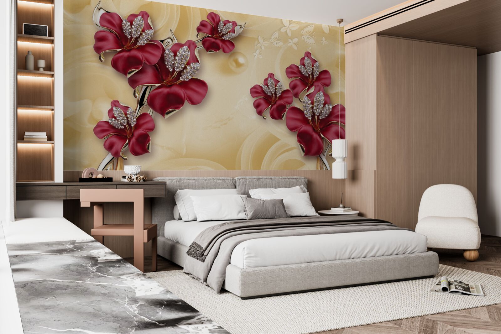 Fotobehang rode lelie, versierd met kristallen en goud