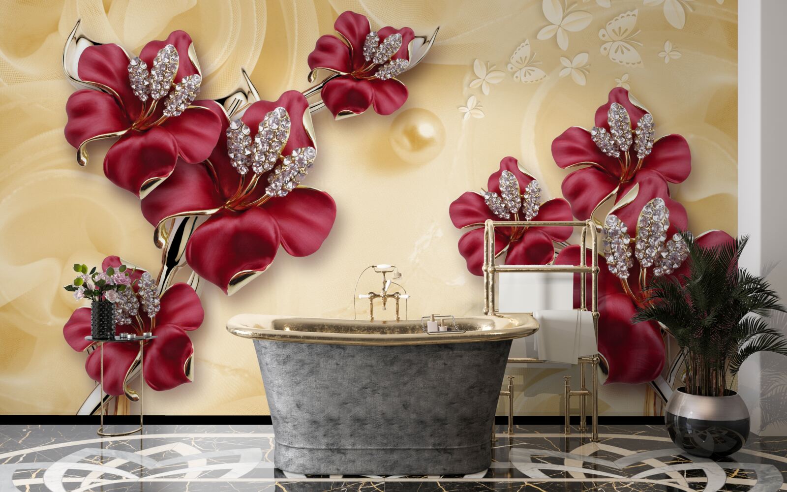 Fotobehang rode lelie, versierd met kristallen en goud