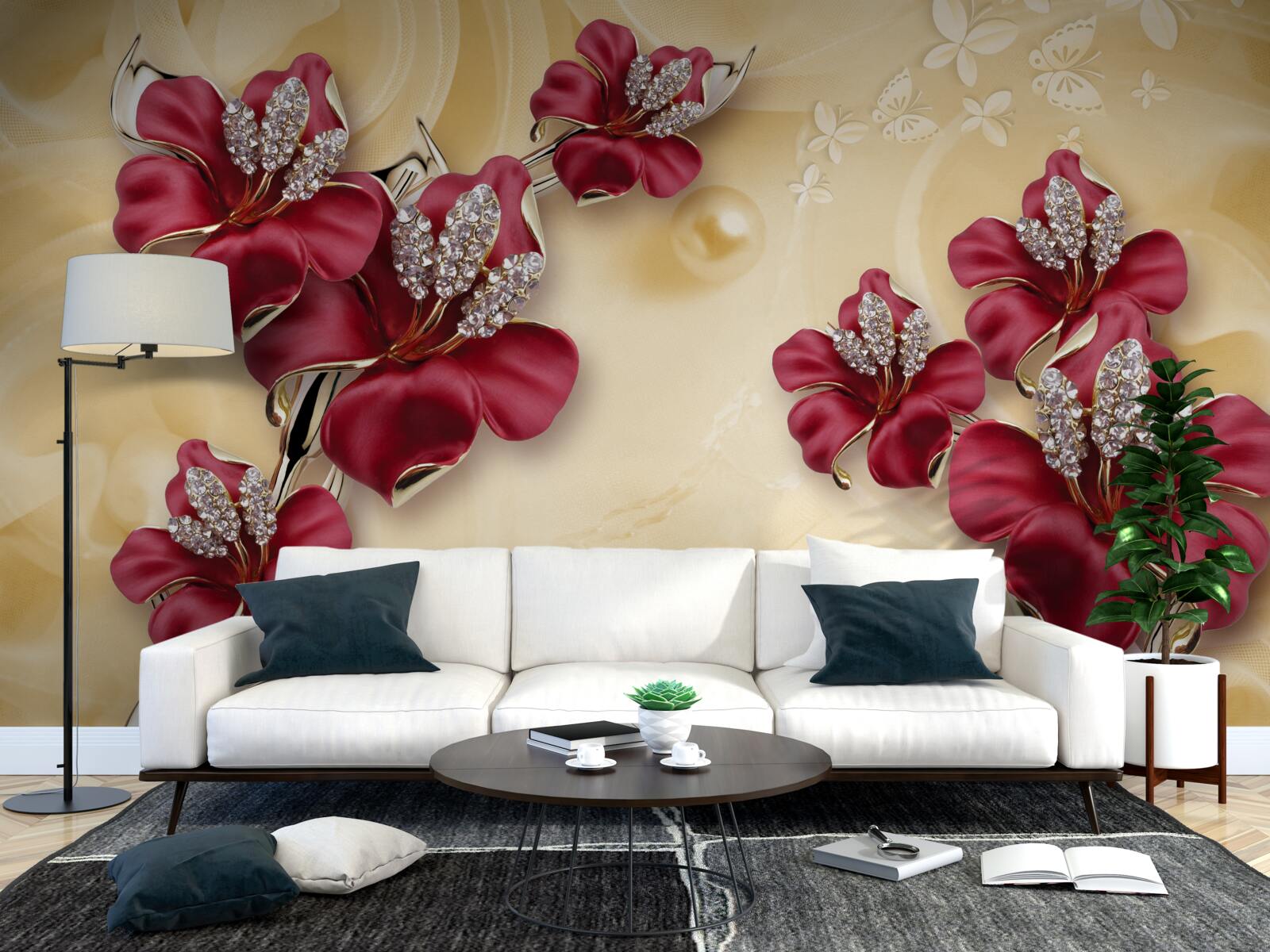 Fotobehang rode lelie, versierd met kristallen en goud