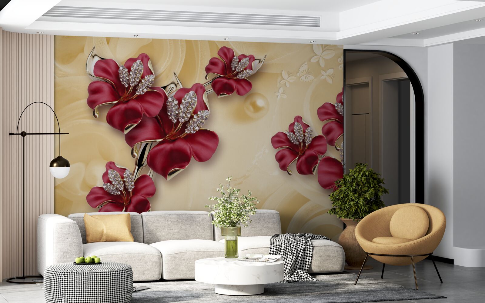 Fotobehang rode lelie, versierd met kristallen en goud