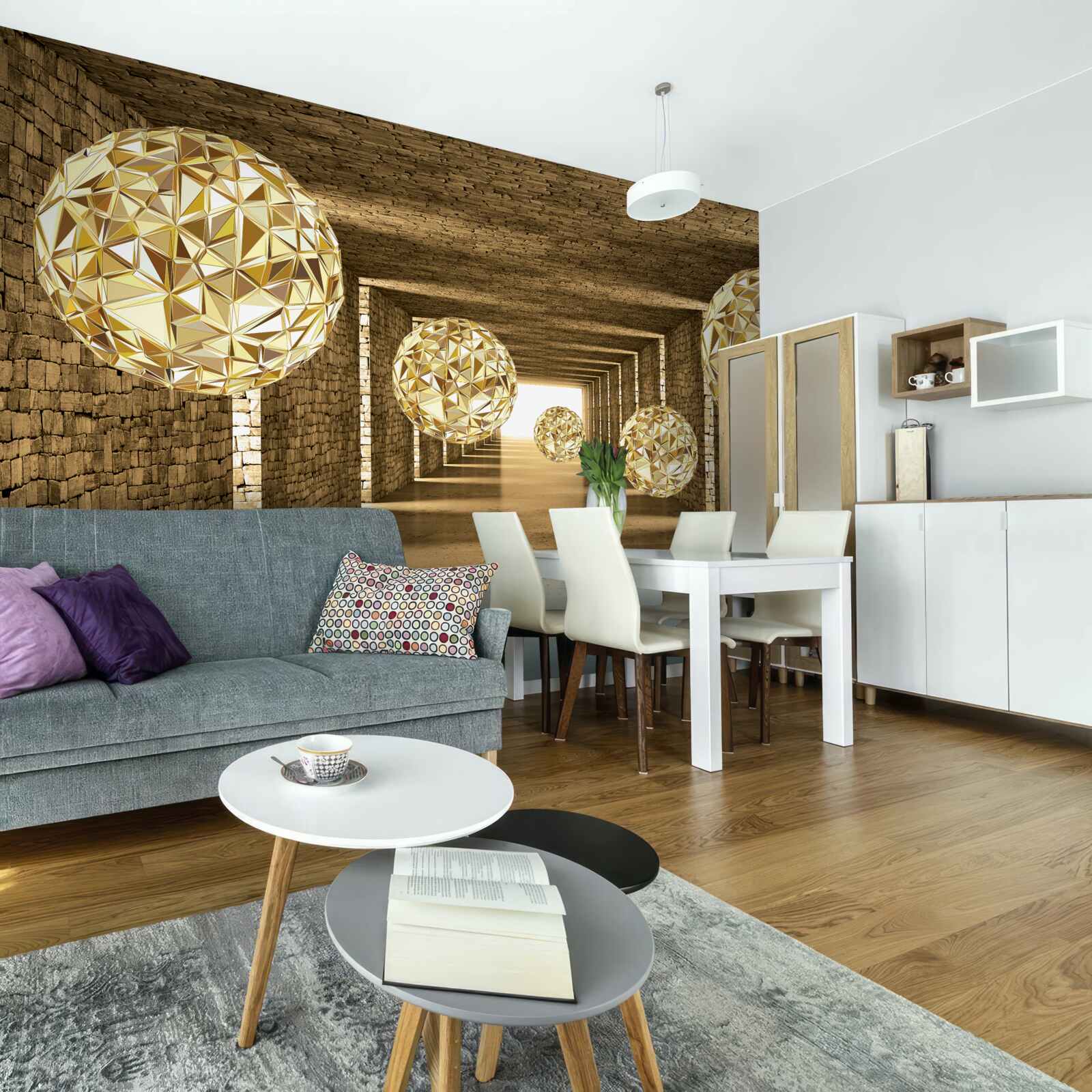 Fotobehang abstract beeld van ballen en tunnel in gouden tinten