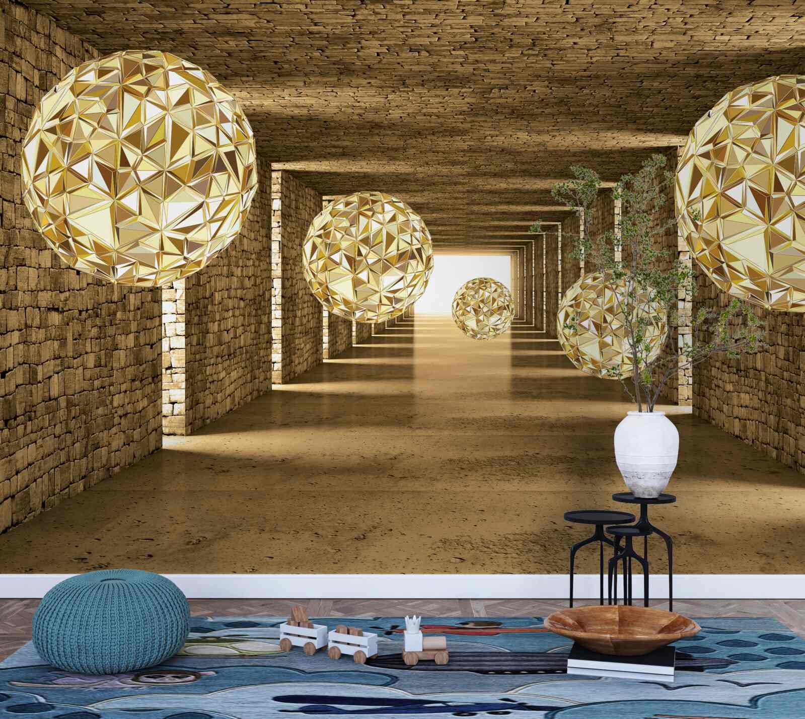 Fotobehang abstract beeld van ballen en tunnel in gouden tinten