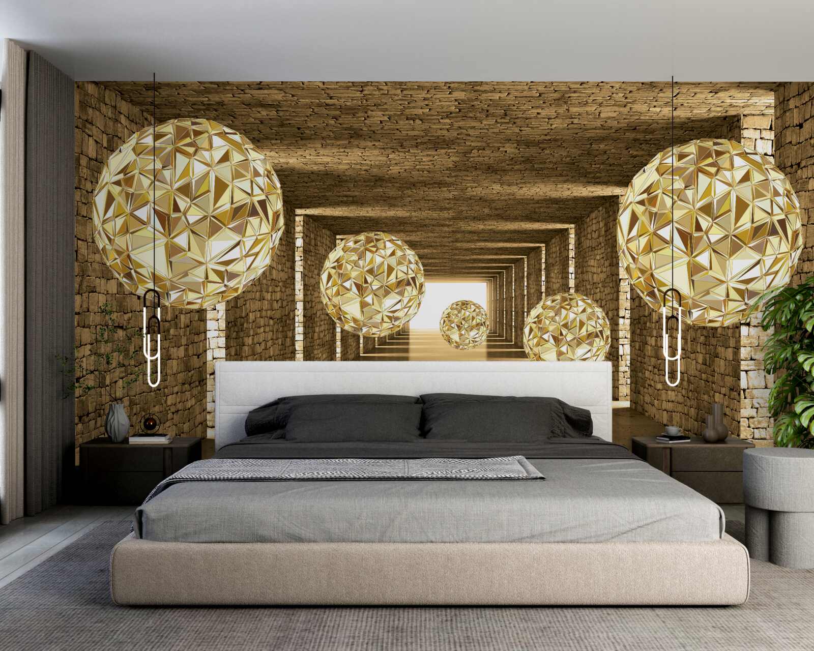 Fotobehang abstract beeld van ballen en tunnel in gouden tinten