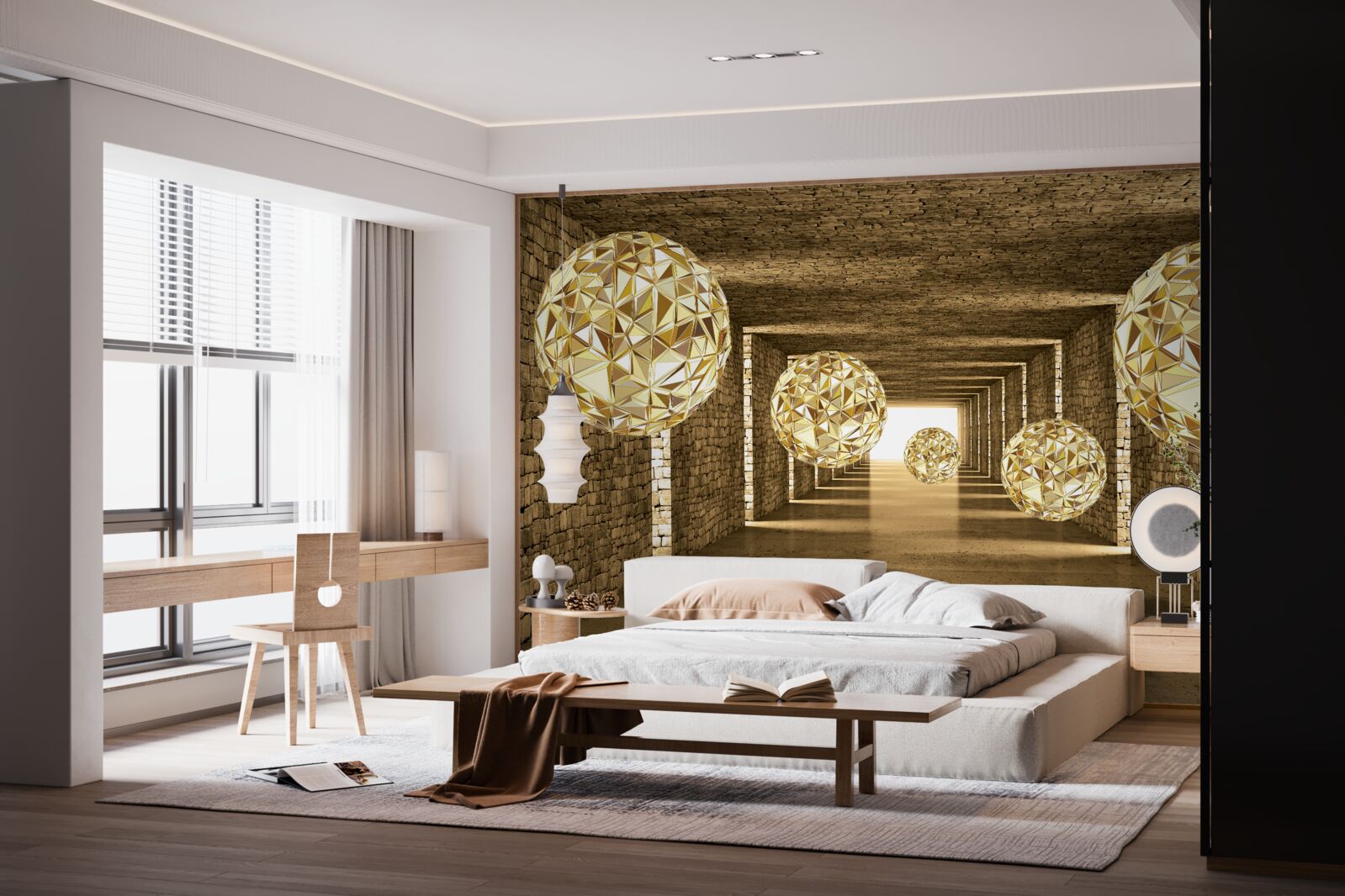 Fotobehang abstract beeld van ballen en tunnel in gouden tinten