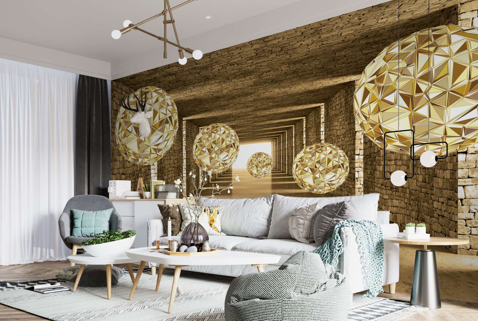 Fotobehang abstract beeld van ballen en tunnel in gouden tinten