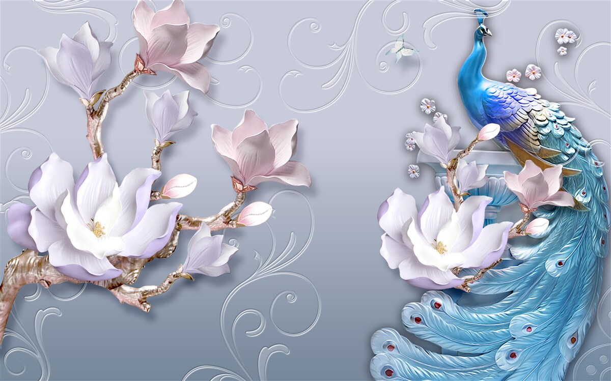 Fotobehang een prachtige pauw zittend op een bloeiende boom