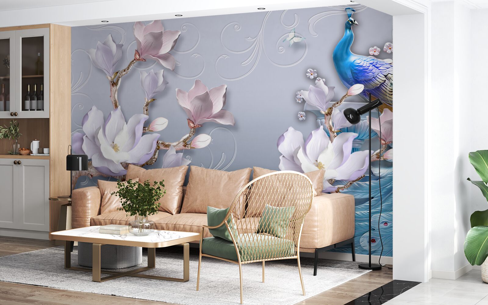 Fotobehang een prachtige pauw zittend op een bloeiende boom