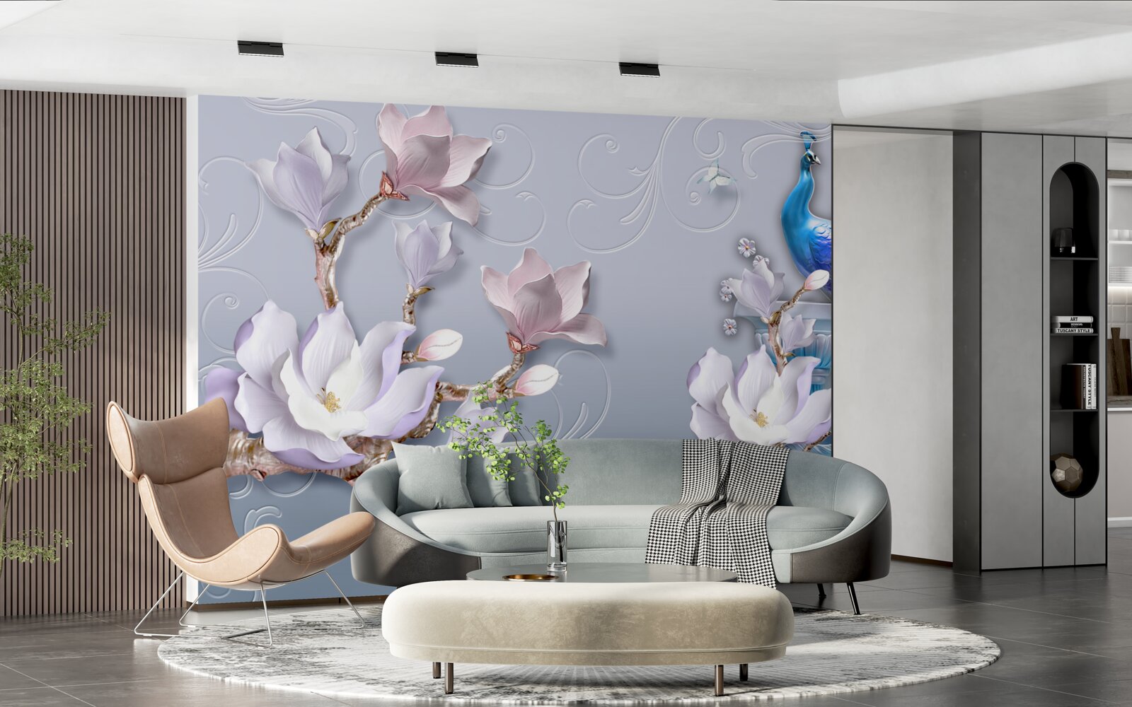 Fotobehang een prachtige pauw zittend op een bloeiende boom