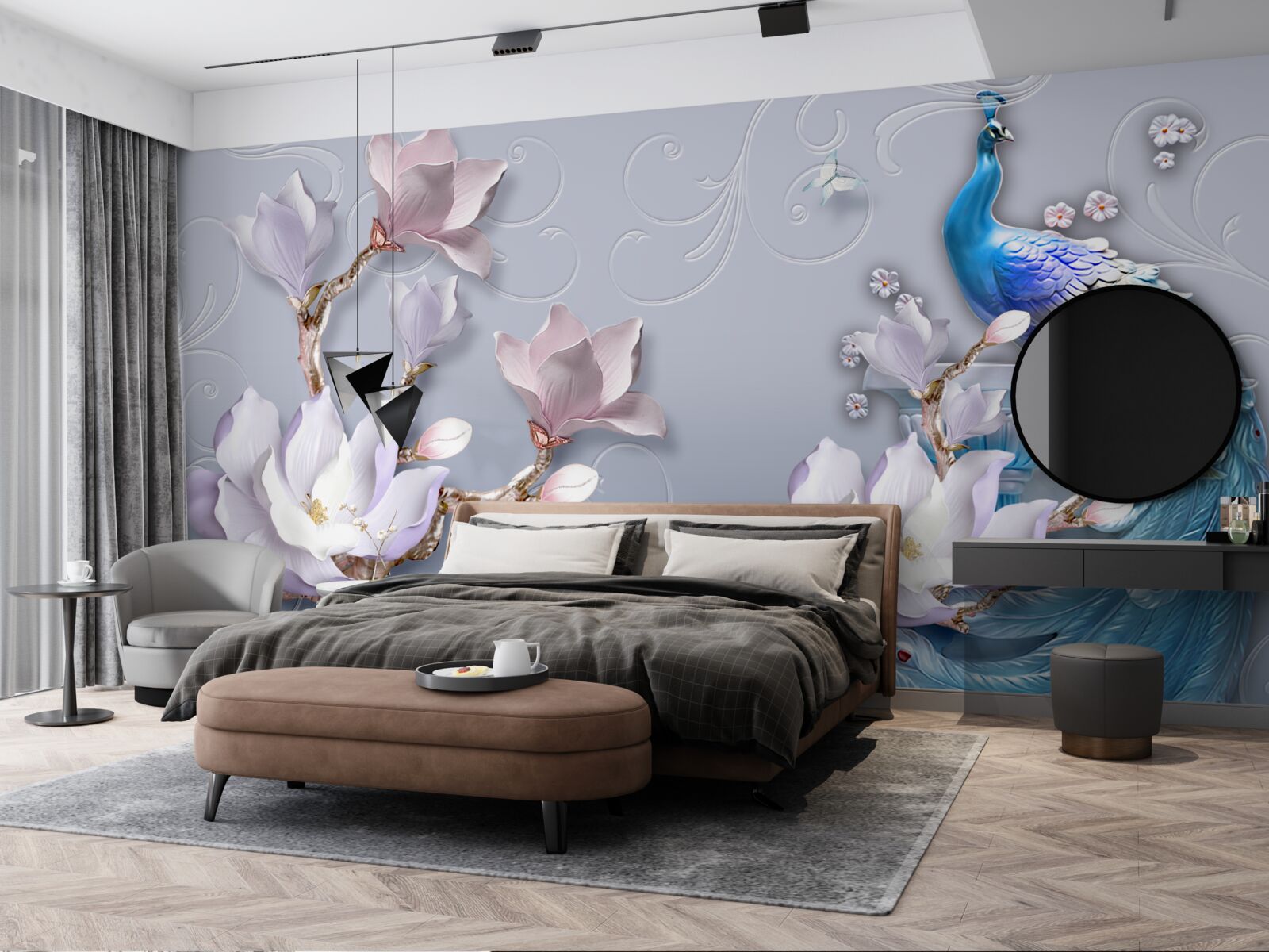 Fotobehang een prachtige pauw zittend op een bloeiende boom