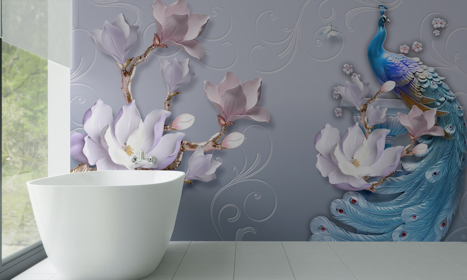 Fotobehang een prachtige pauw zittend op een bloeiende boom