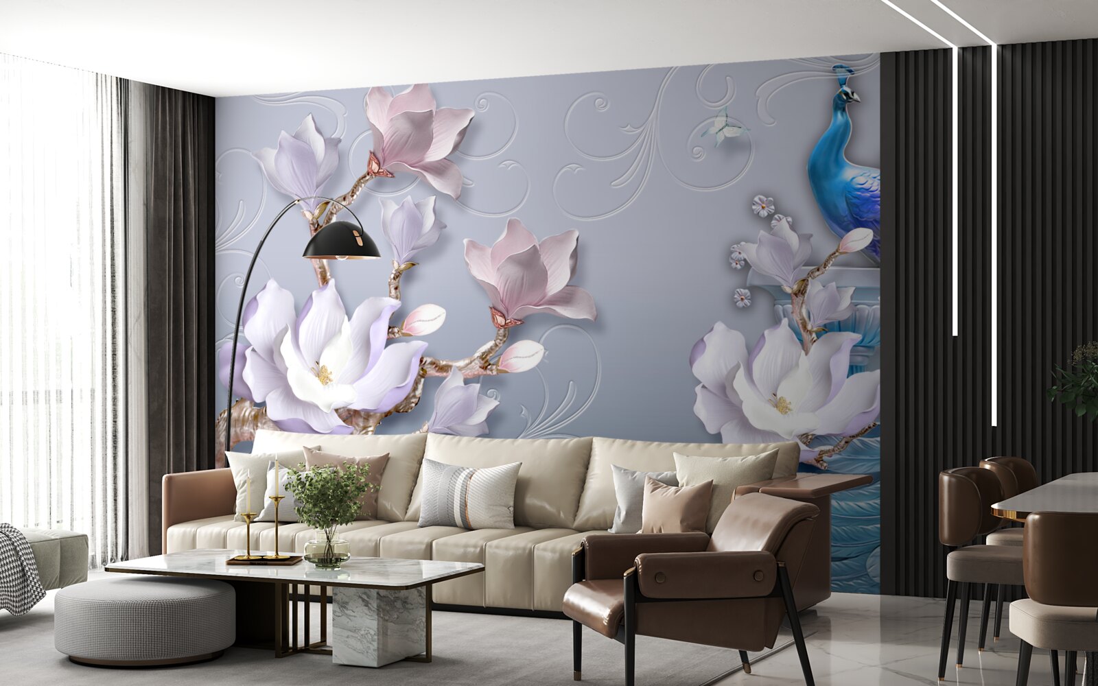 Fotobehang een prachtige pauw zittend op een bloeiende boom