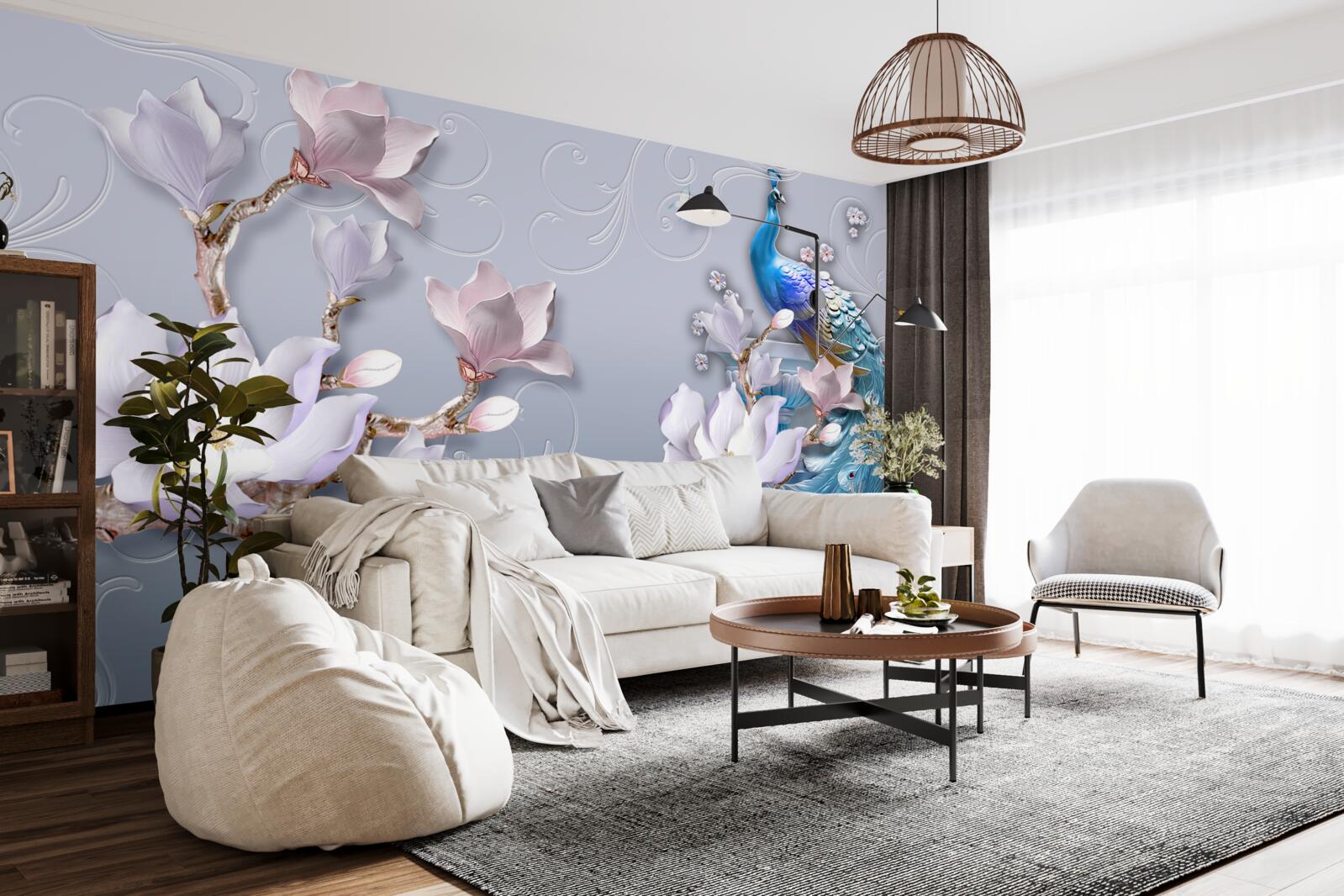 Fotobehang een prachtige pauw zittend op een bloeiende boom