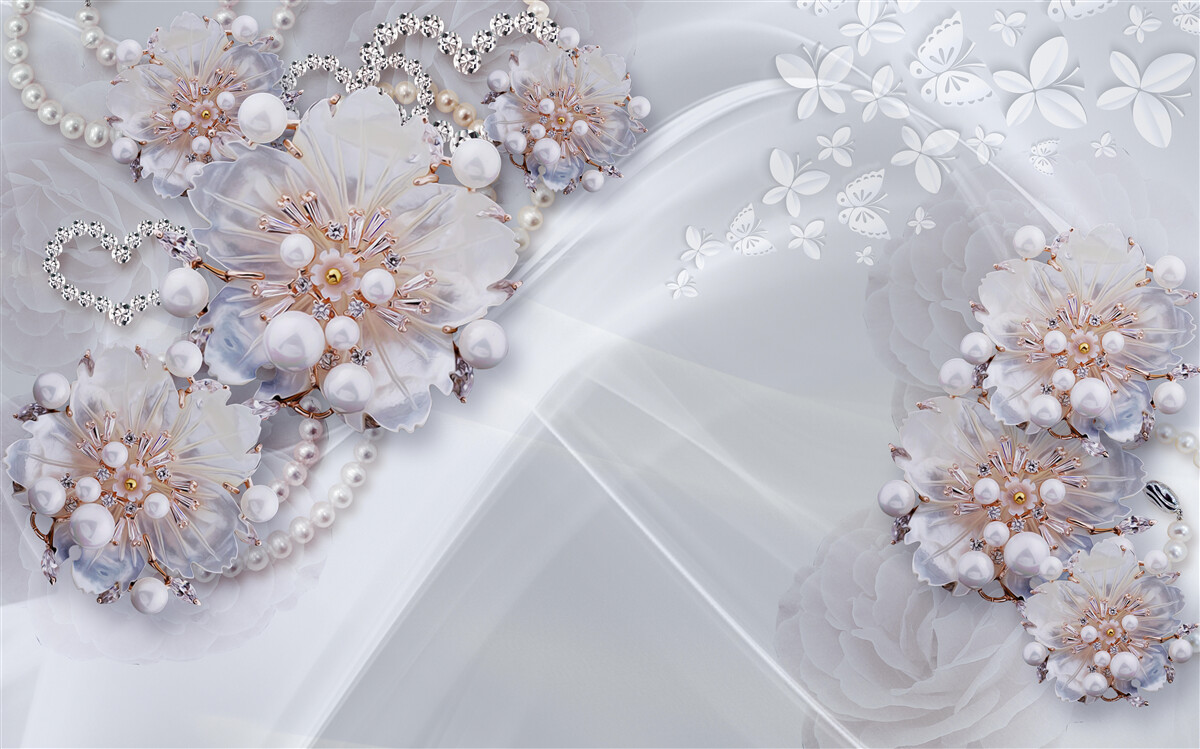 Fotobehang op de zijde zitten delicate bloemen versierd met parels