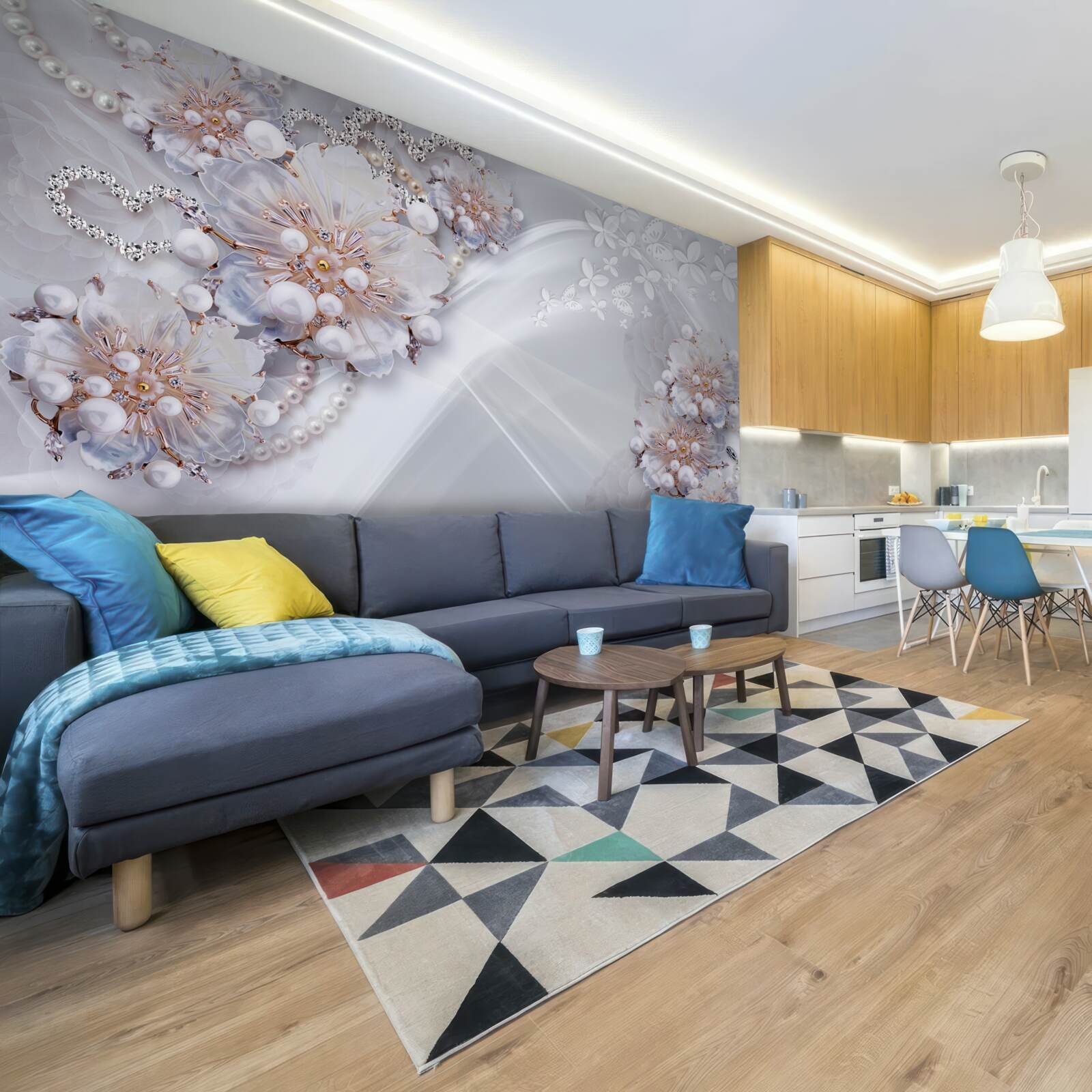 Fotobehang op de zijde zitten delicate bloemen versierd met parels