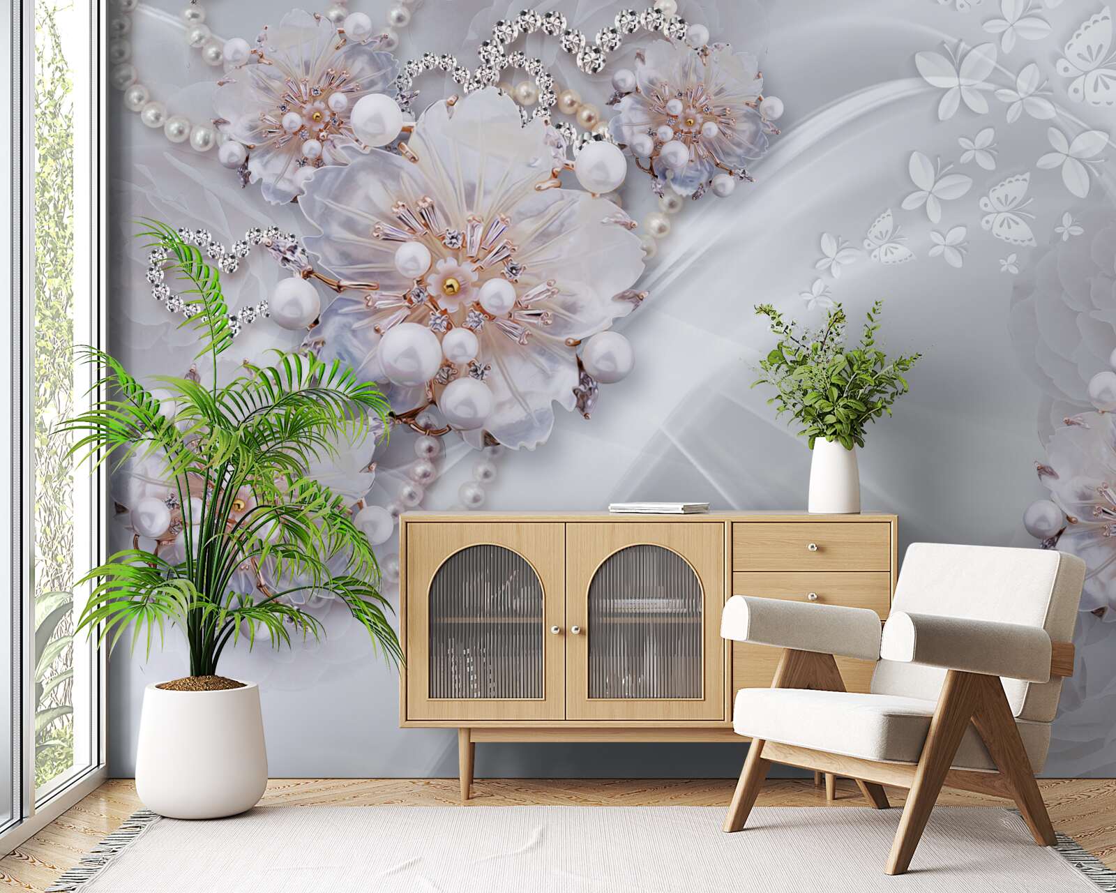 Fotobehang op de zijde zitten delicate bloemen versierd met parels