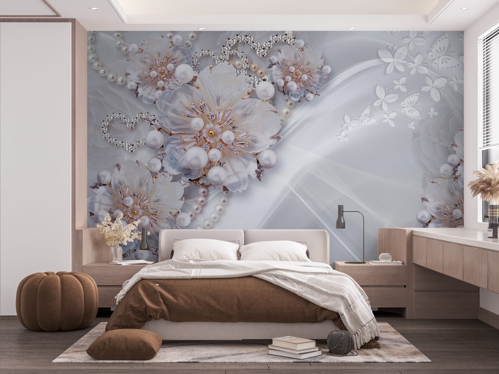 Fotobehang op de zijde zitten delicate bloemen versierd met parels