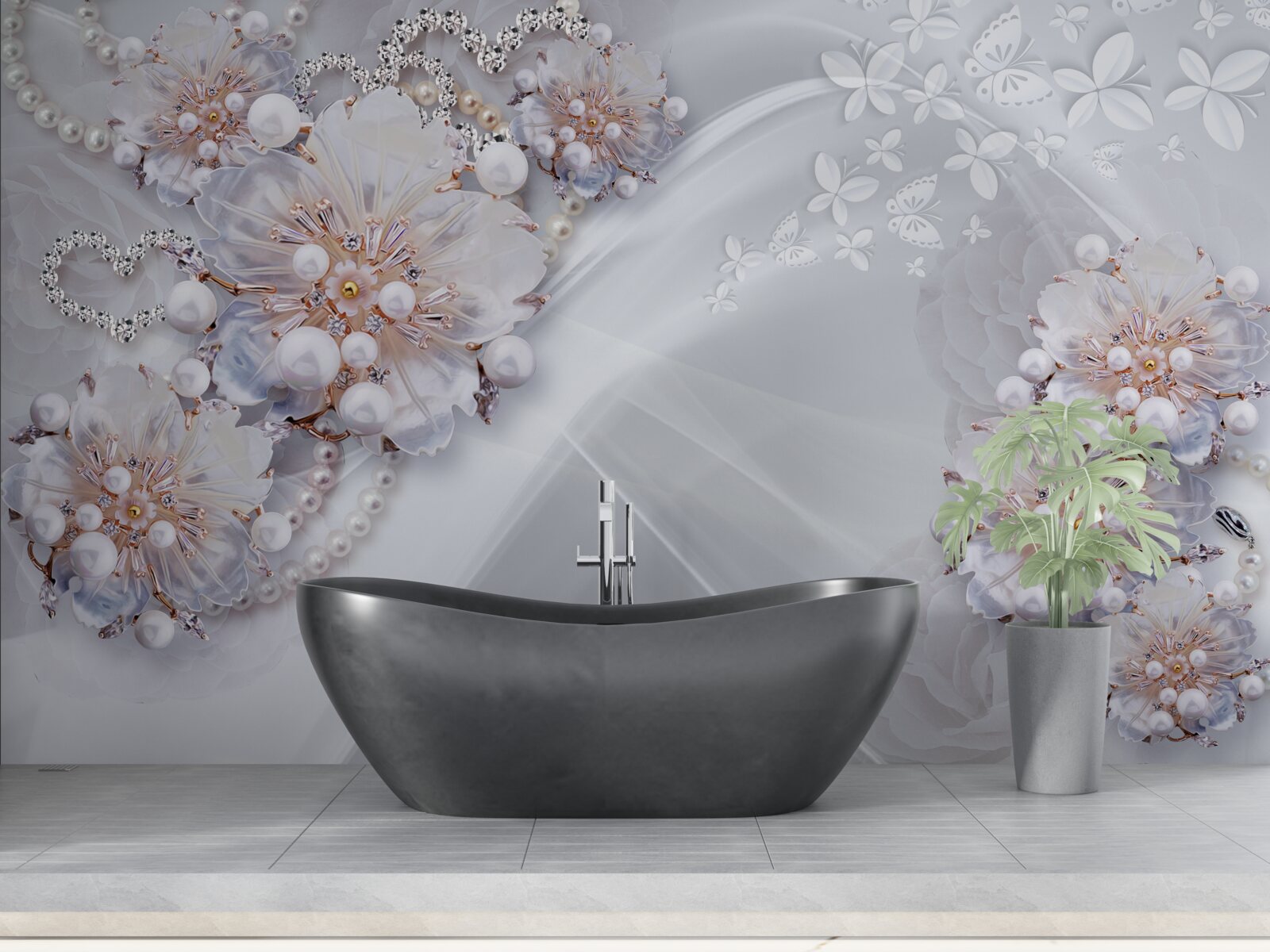 Fotobehang op de zijde zitten delicate bloemen versierd met parels