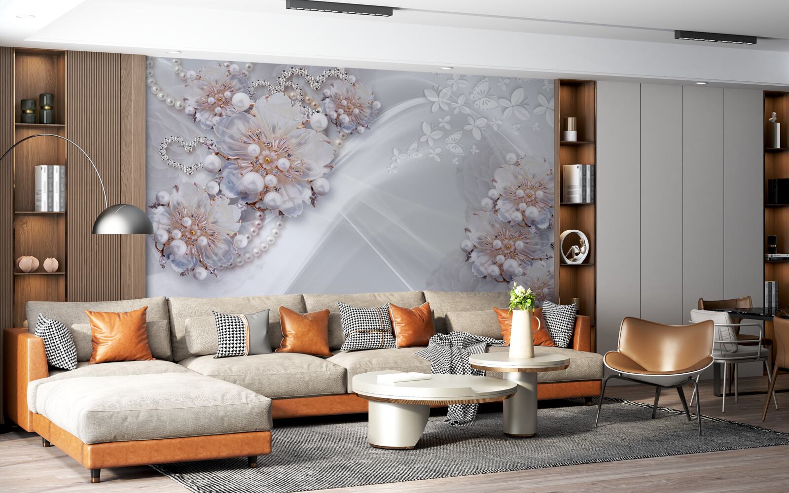 Fotobehang op de zijde zitten delicate bloemen versierd met parels