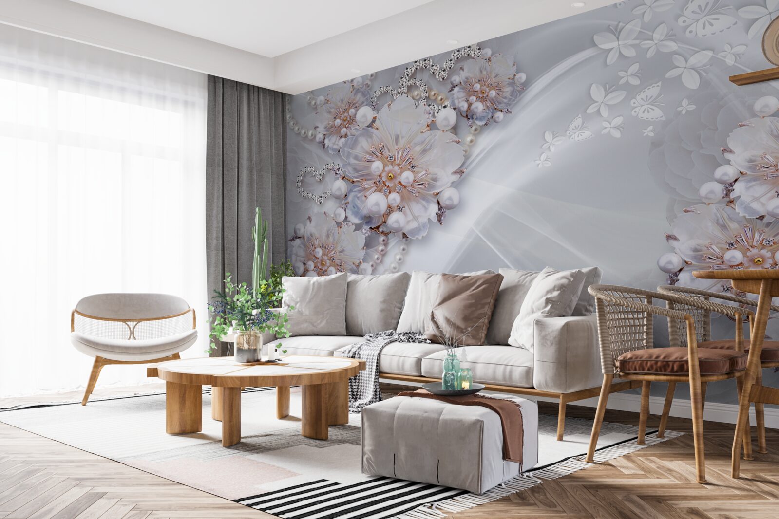 Fotobehang op de zijde zitten delicate bloemen versierd met parels