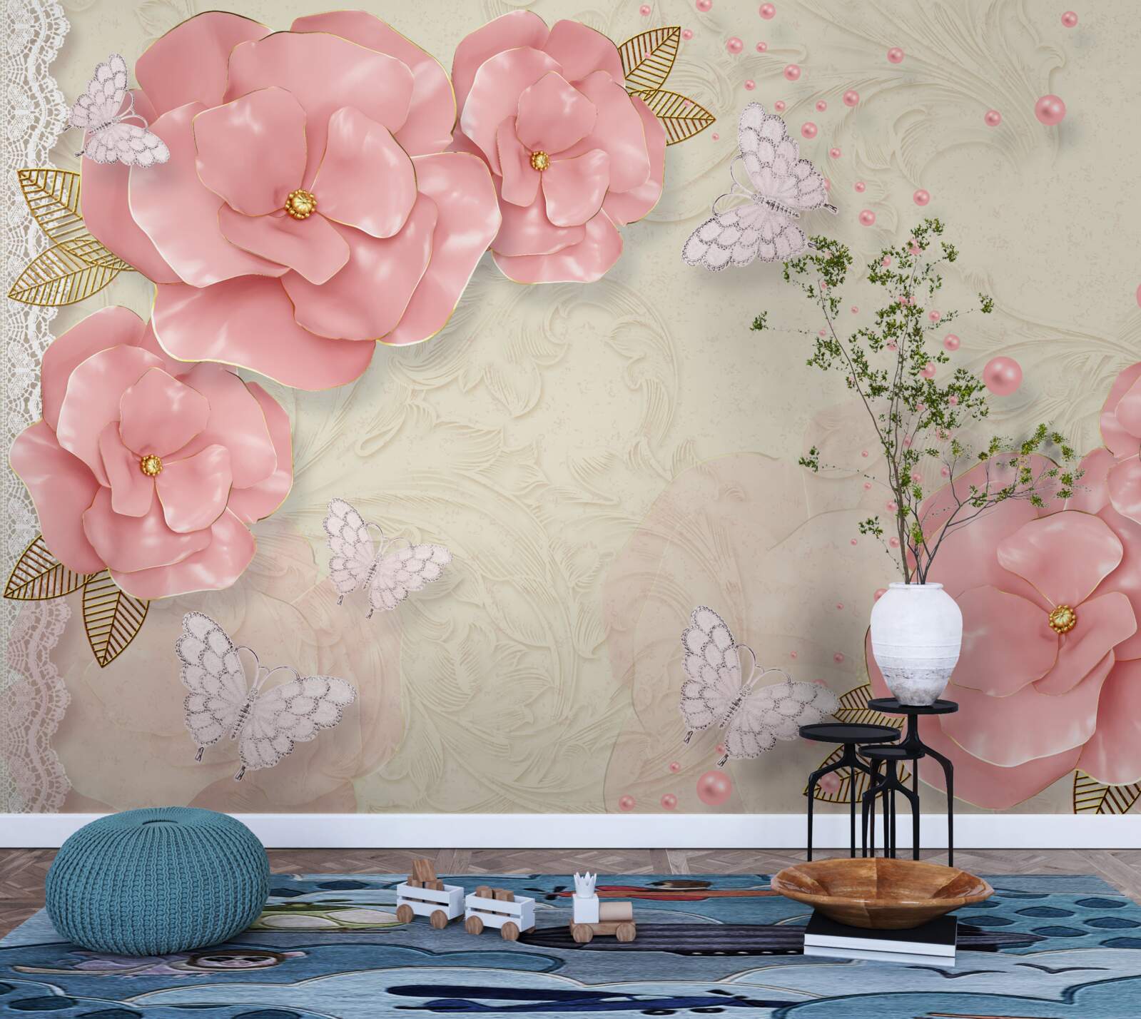 Fotobehang indrukwekkende roze knoppen en zuiver witte motten