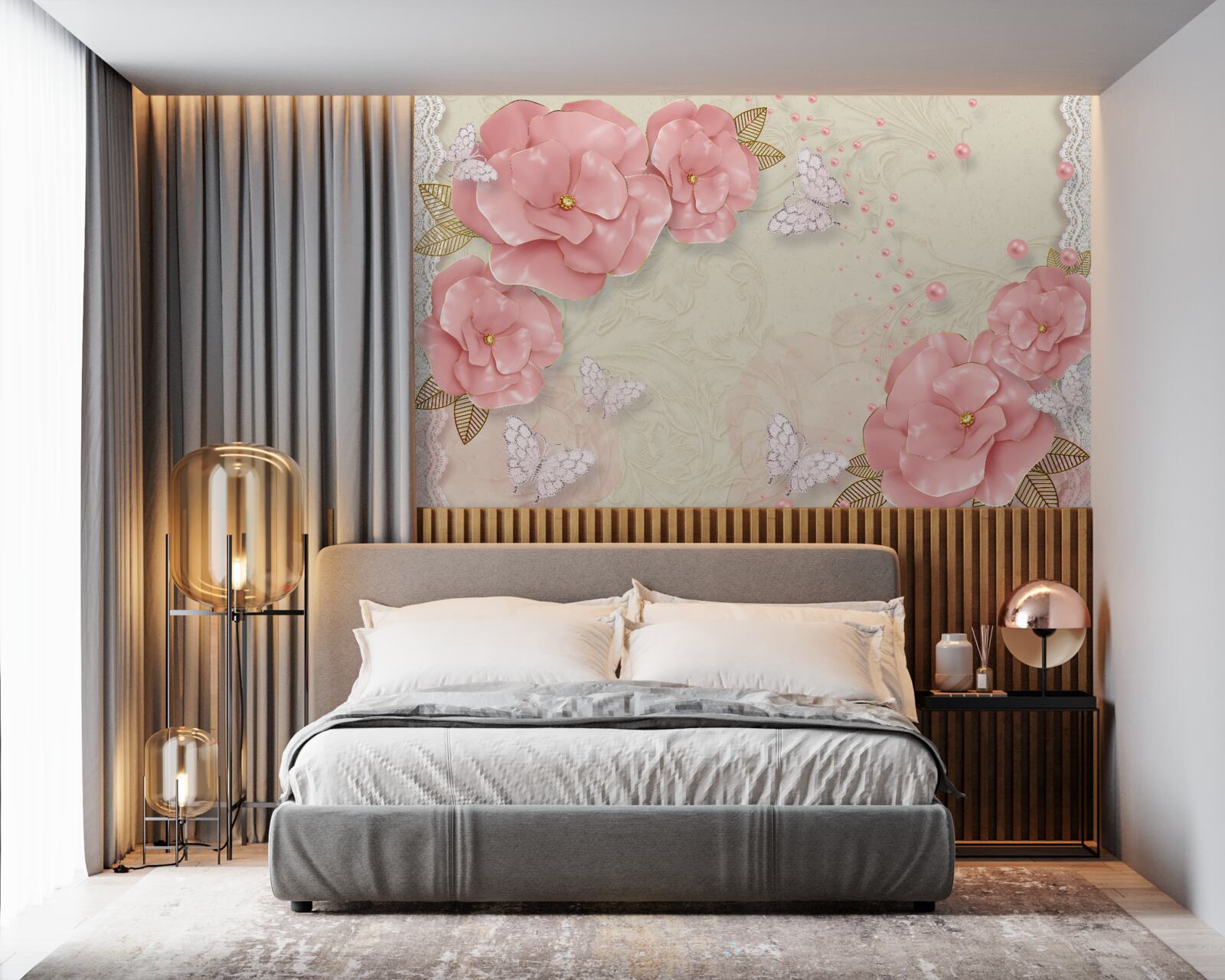 Fotobehang indrukwekkende roze knoppen en zuiver witte motten