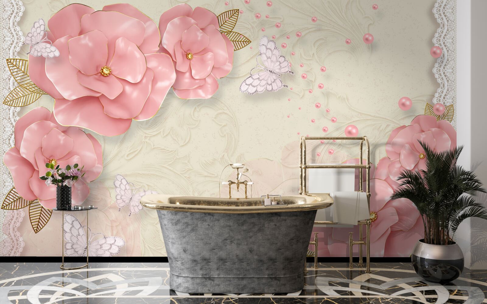 Fotobehang indrukwekkende roze knoppen en zuiver witte motten