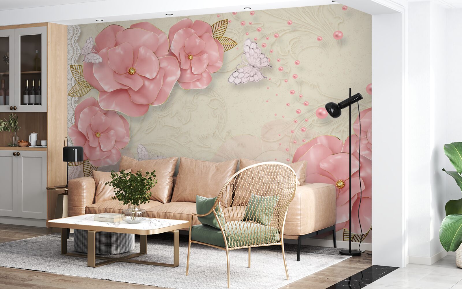 Fotobehang indrukwekkende roze knoppen en zuiver witte motten