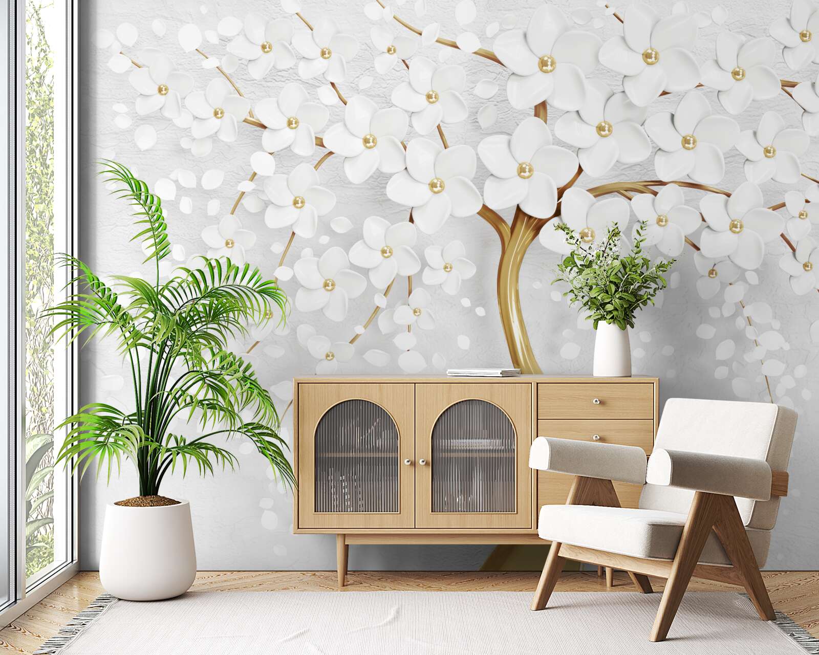 Fotobehang er bloeien al witte bloemen aan de boom