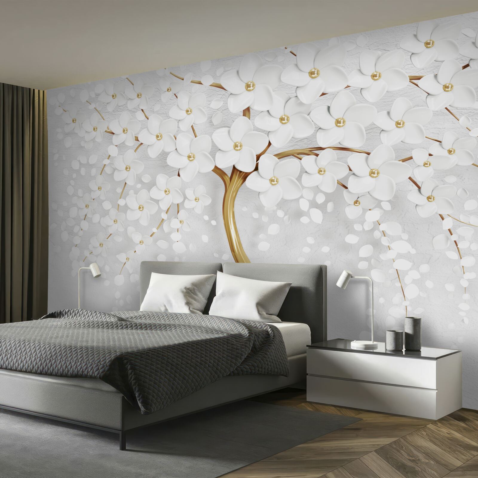 Fotobehang er bloeien al witte bloemen aan de boom