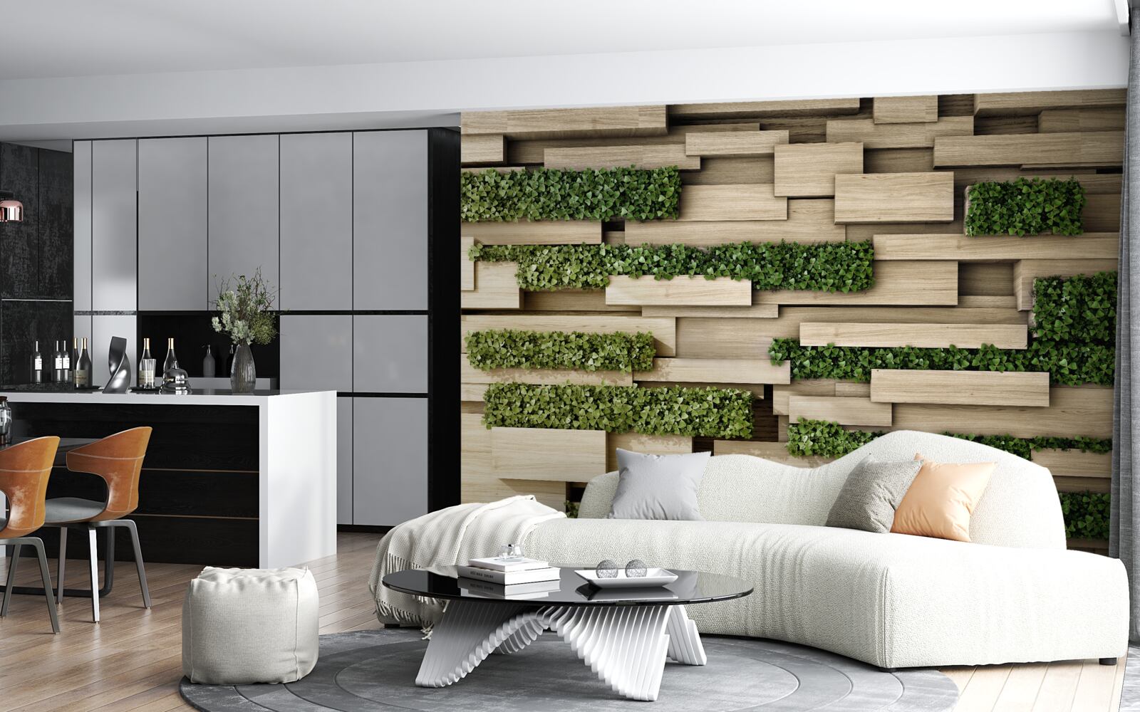 Fotobehang stenen muur versierd met groene planten