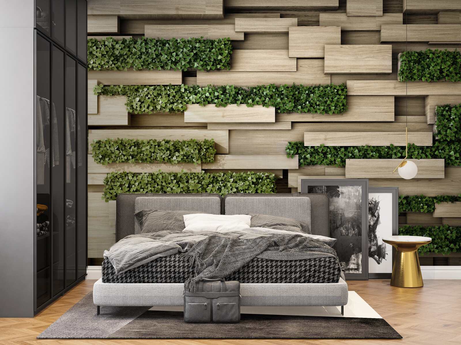 Fotobehang stenen muur versierd met groene planten