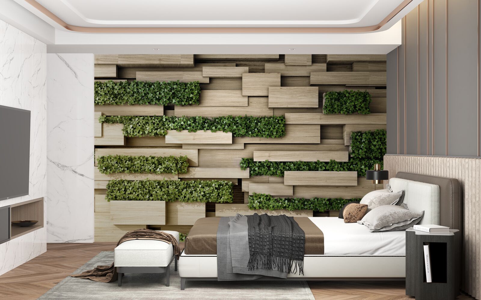 Fotobehang stenen muur versierd met groene planten