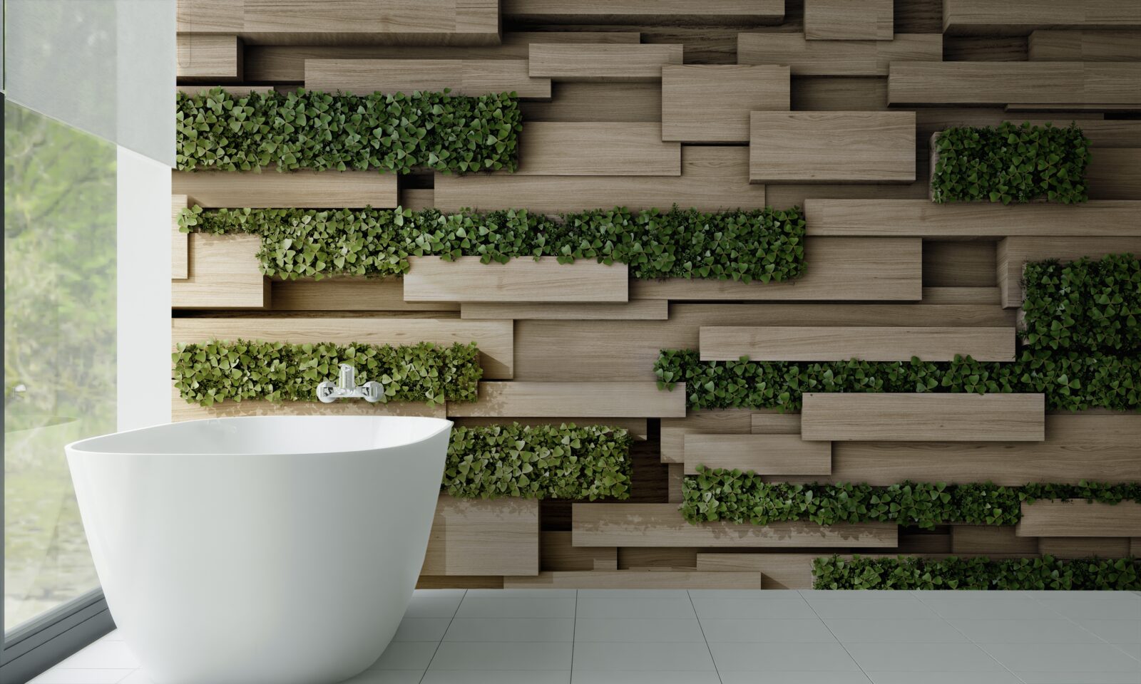 Fotobehang stenen muur versierd met groene planten