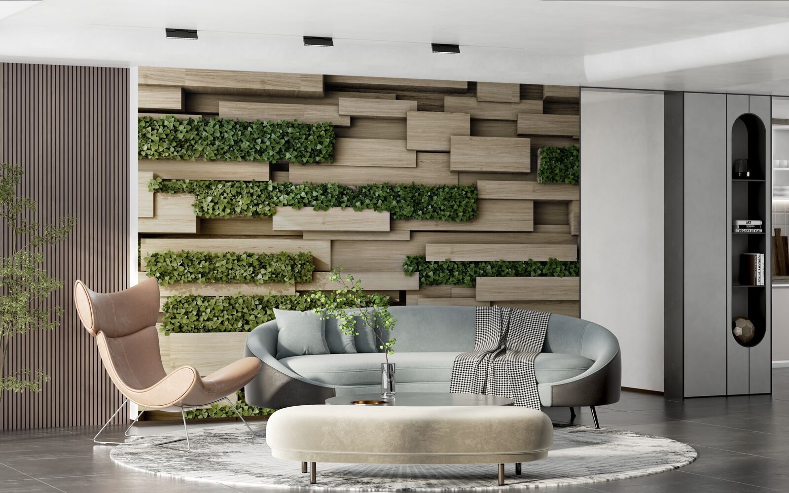 Fotobehang stenen muur versierd met groene planten