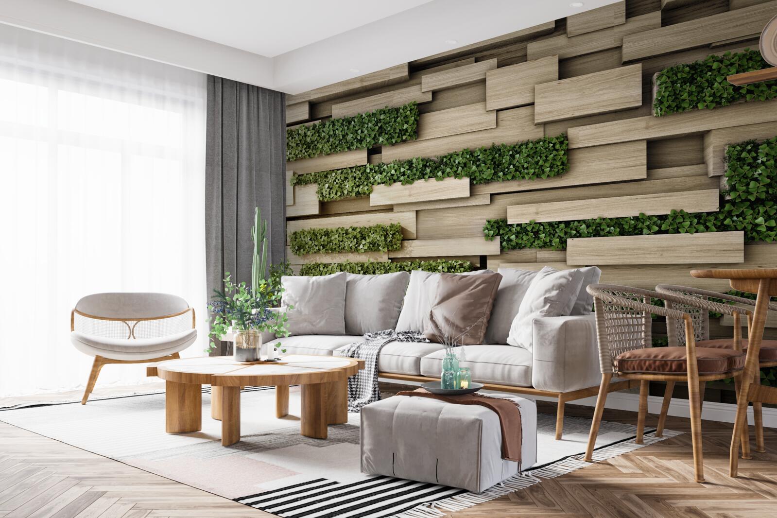 Fotobehang stenen muur versierd met groene planten