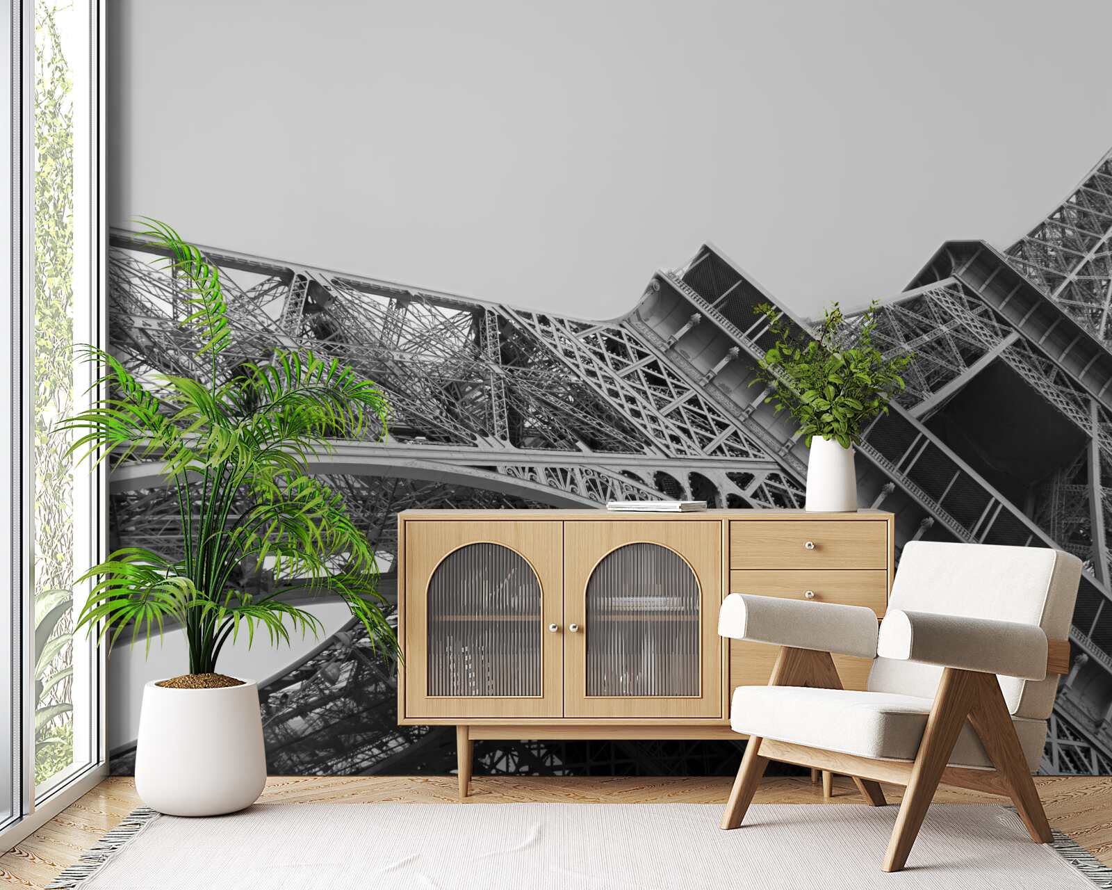 Fotobehang zwart-wit uitzicht op de eiffeltoren van onderaf