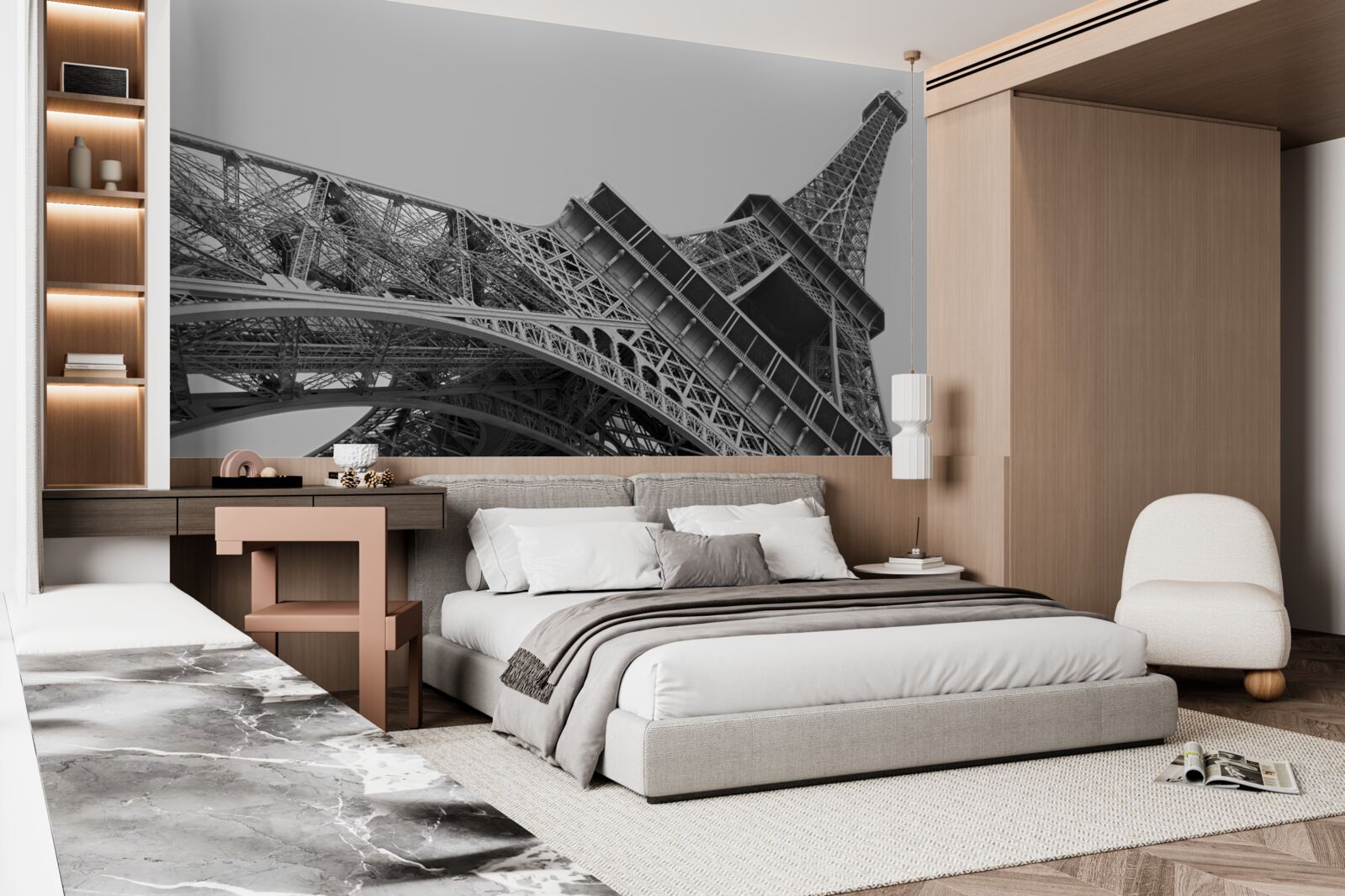 Fotobehang zwart-wit uitzicht op de eiffeltoren van onderaf