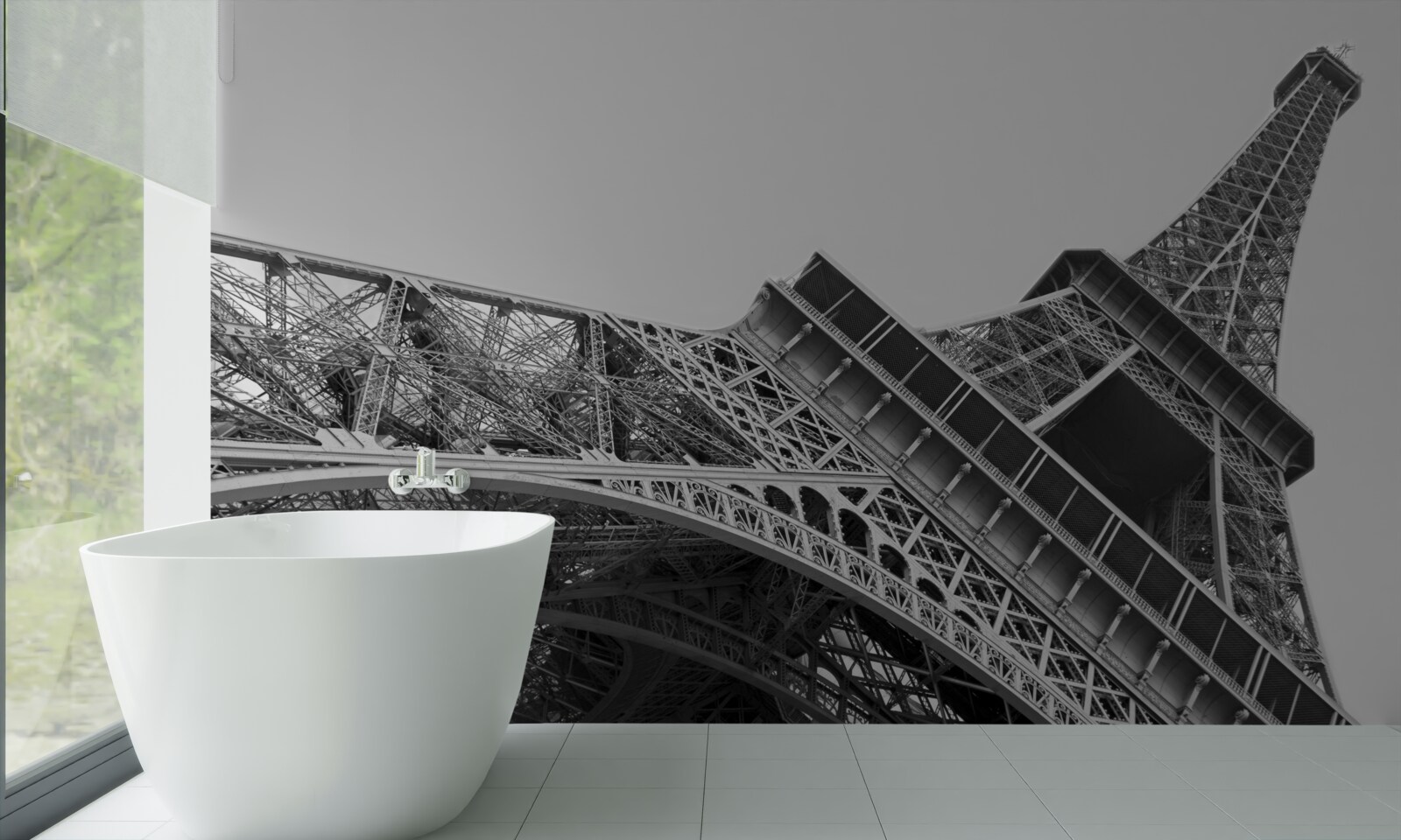 Fotobehang zwart-wit uitzicht op de eiffeltoren van onderaf