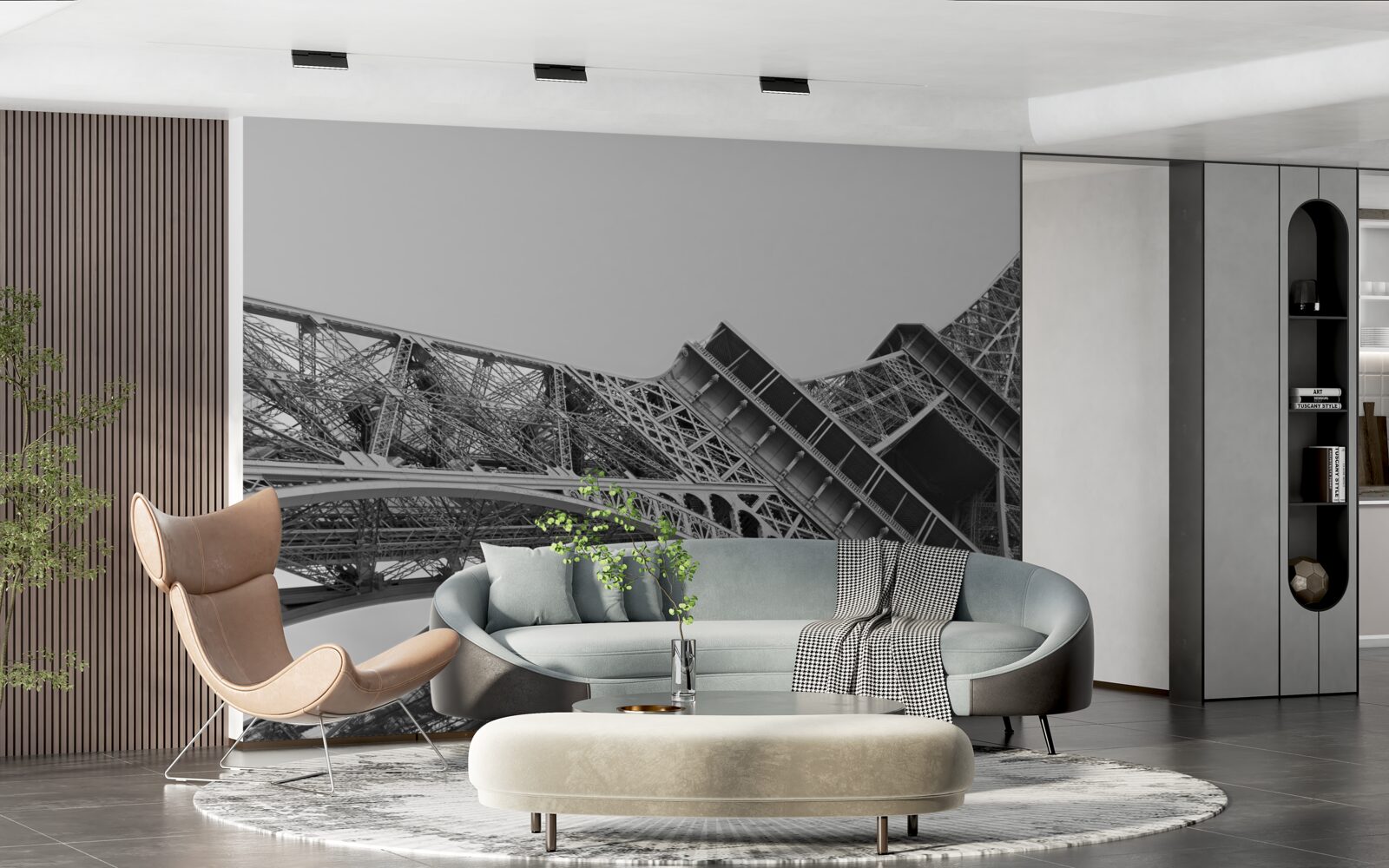 Fotobehang zwart-wit uitzicht op de eiffeltoren van onderaf