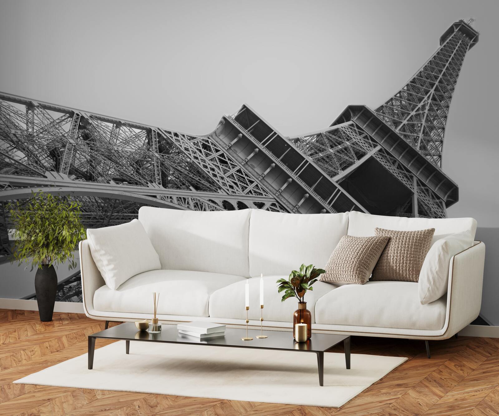 Fotobehang zwart-wit uitzicht op de eiffeltoren van onderaf