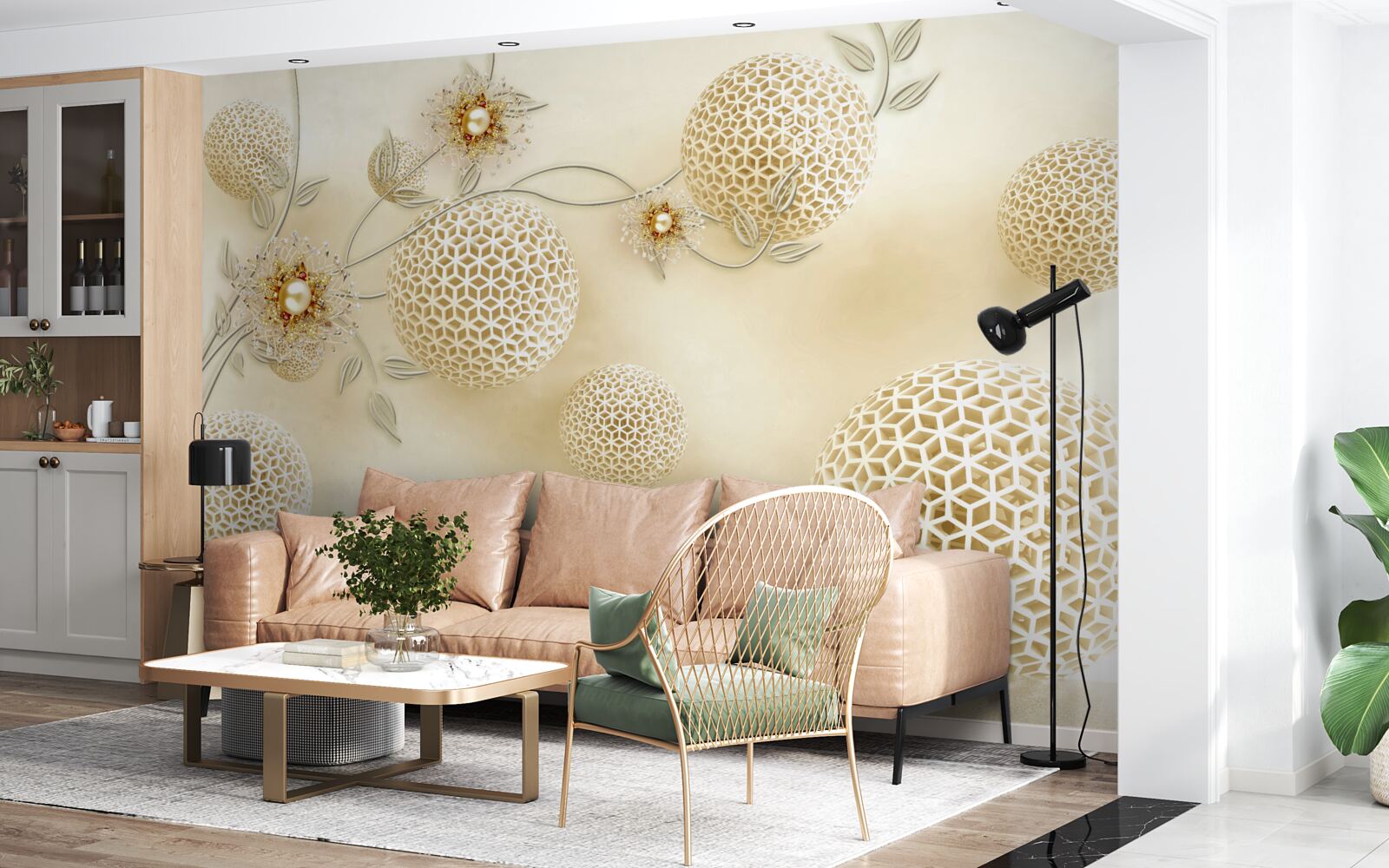 Fotobehang textuurballen zwevend in de lucht en witte bloemen